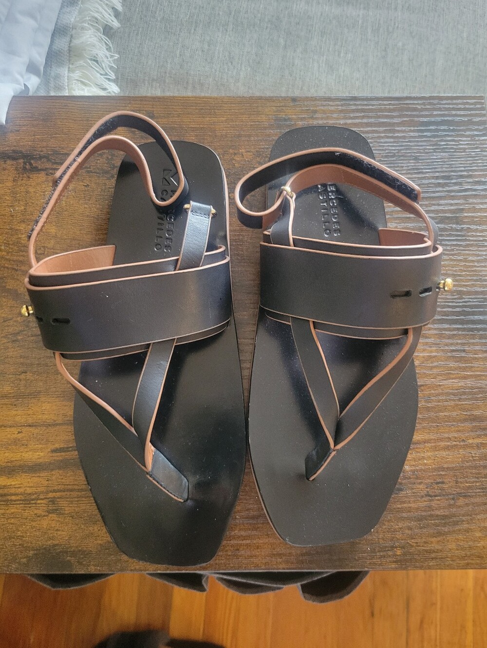 MERCEDES CASTILLO Black Sandals with Brown Trim Leather Straps